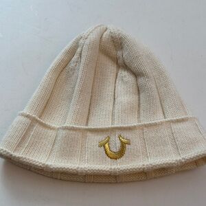 True Religion Cream Knit Beanie with Gold Logo